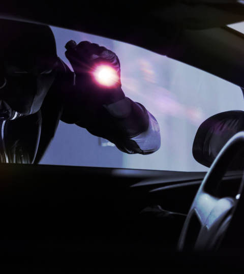 Thief with torch looking into vehicle
